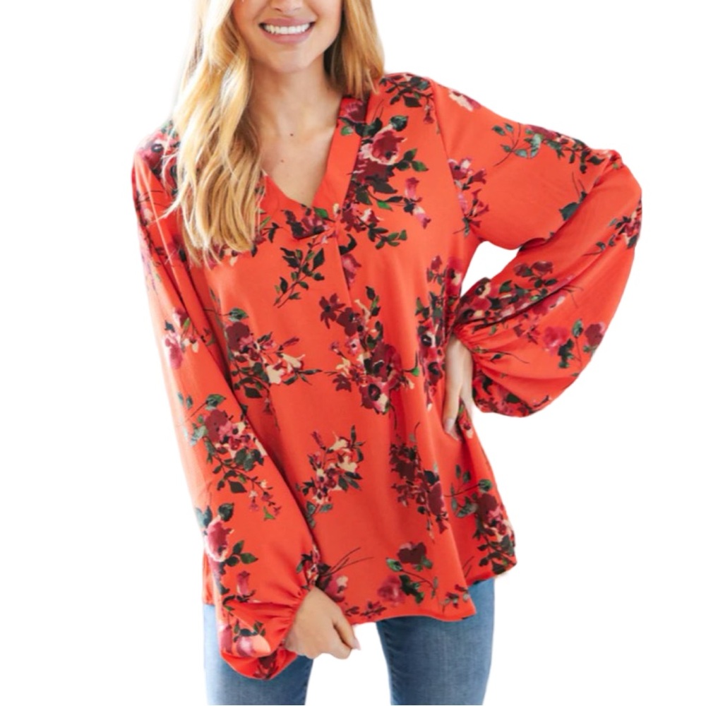 Haptics Sunset Floral Dobby V Neck Balloon Sleeve Blouse S NWT